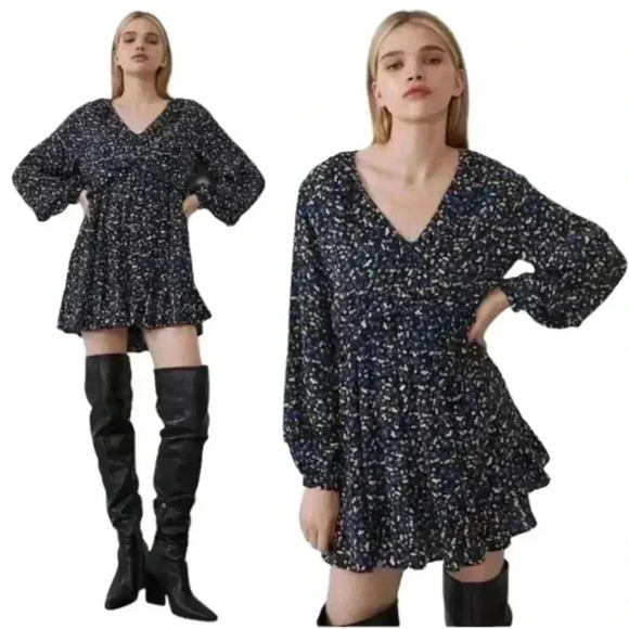 ZARA Dress Floral Mini Long Sleeves Black Blue Yellow Chiffon Y2K Women's Med - Picture 3 of 16
